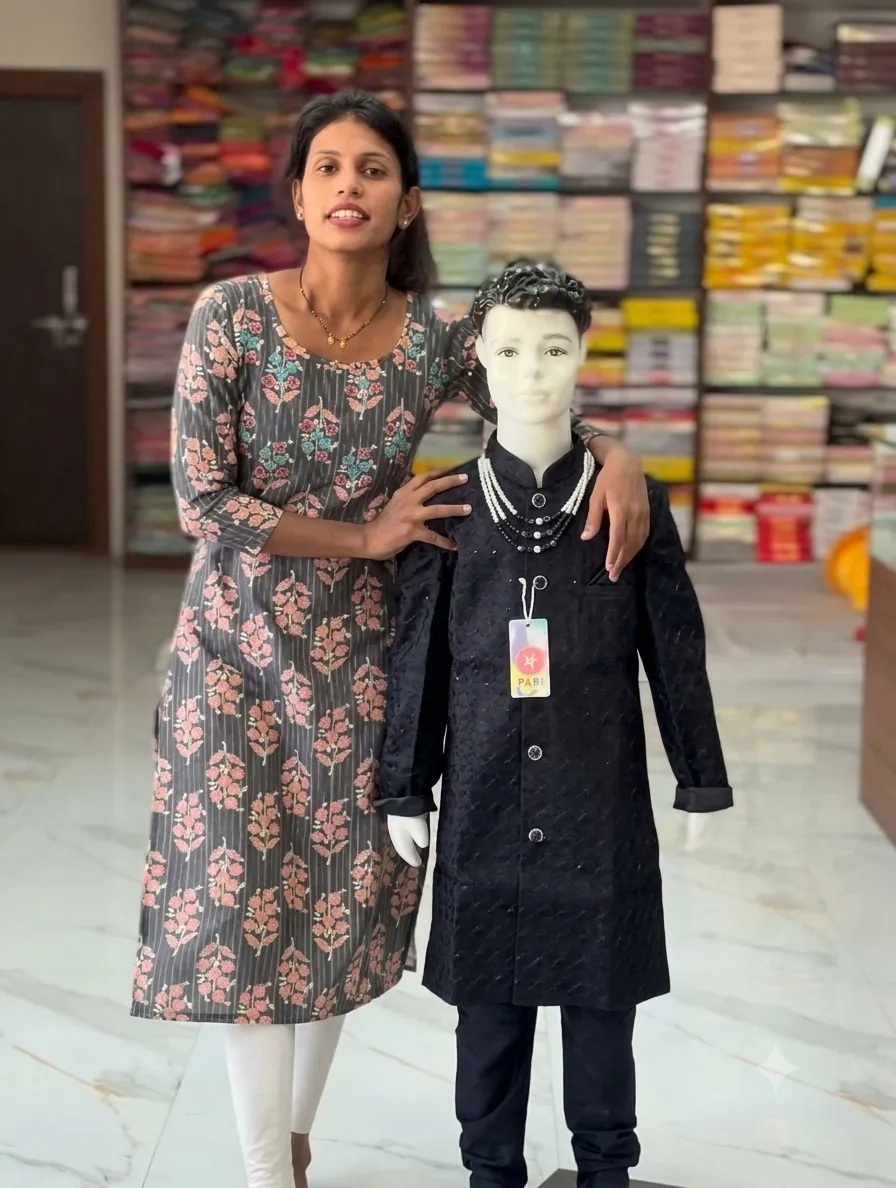 Black embroidered kids sherwani set with a pearl necklace on a mannequin