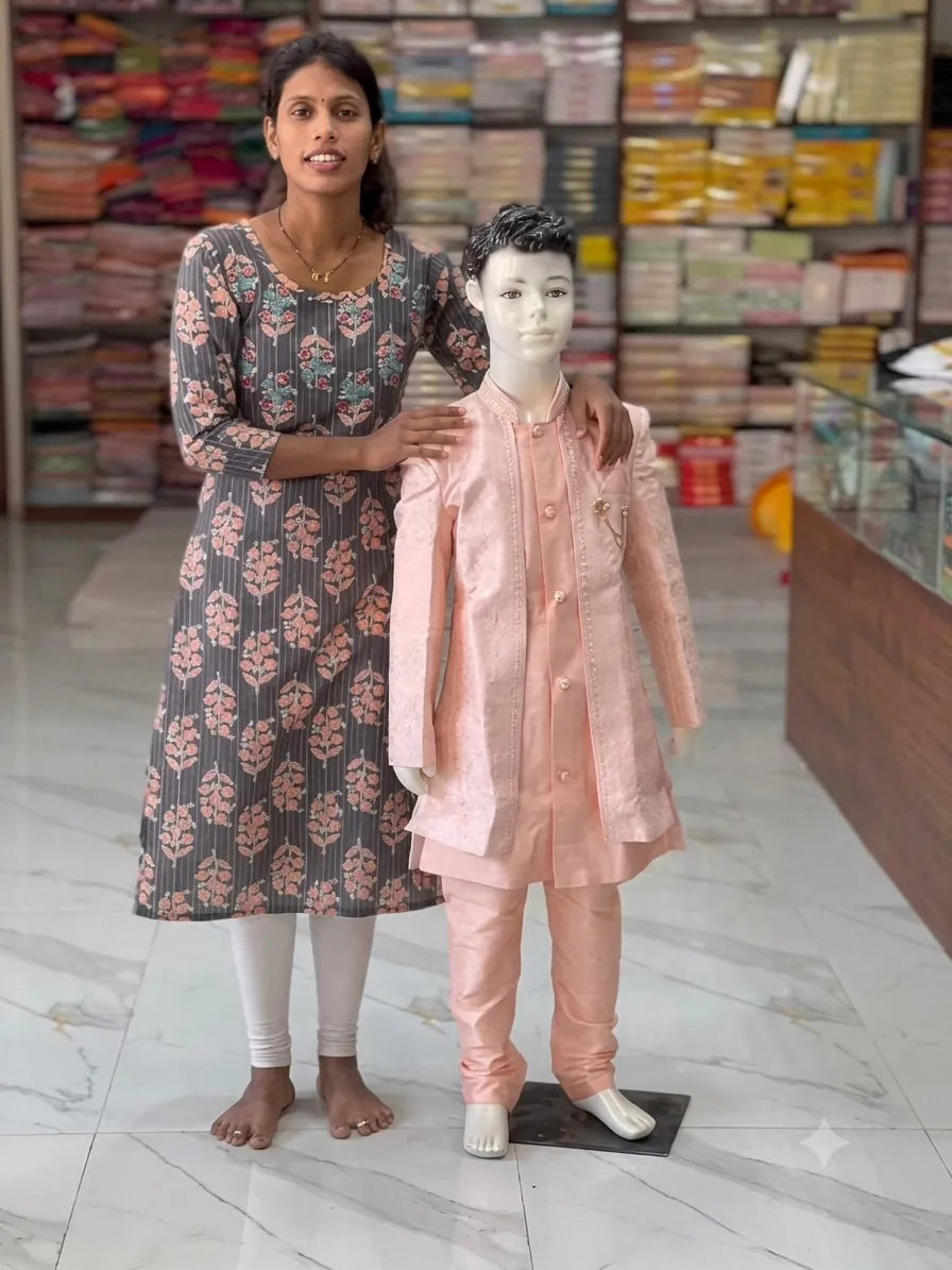 Peach kids sherwani with a long jacket, kurta and pyjama on a mannequin