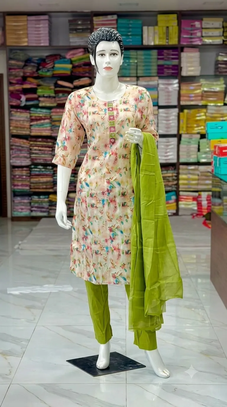 Floral printed kurti with green pants and a green dupatta on a mannequin