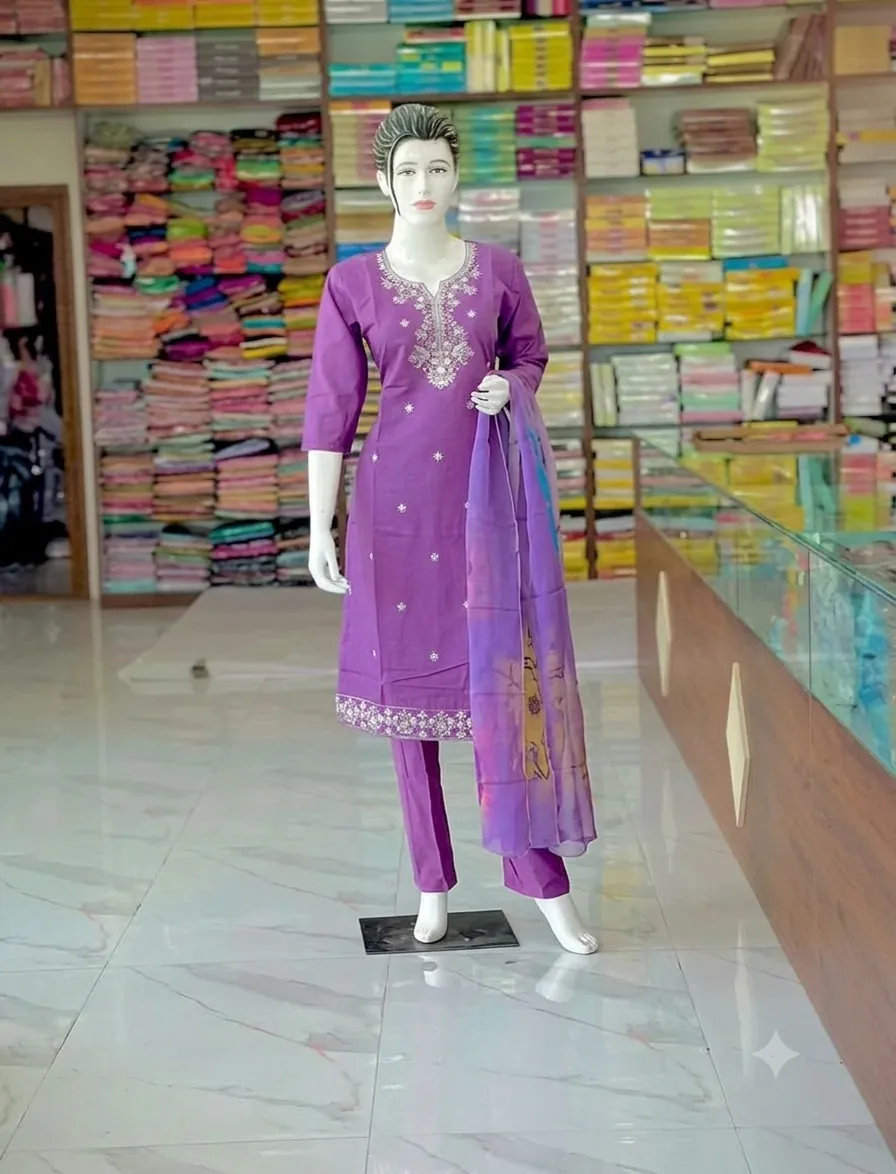 Lavender kurti set with silver embroidery and a shaded dupatta