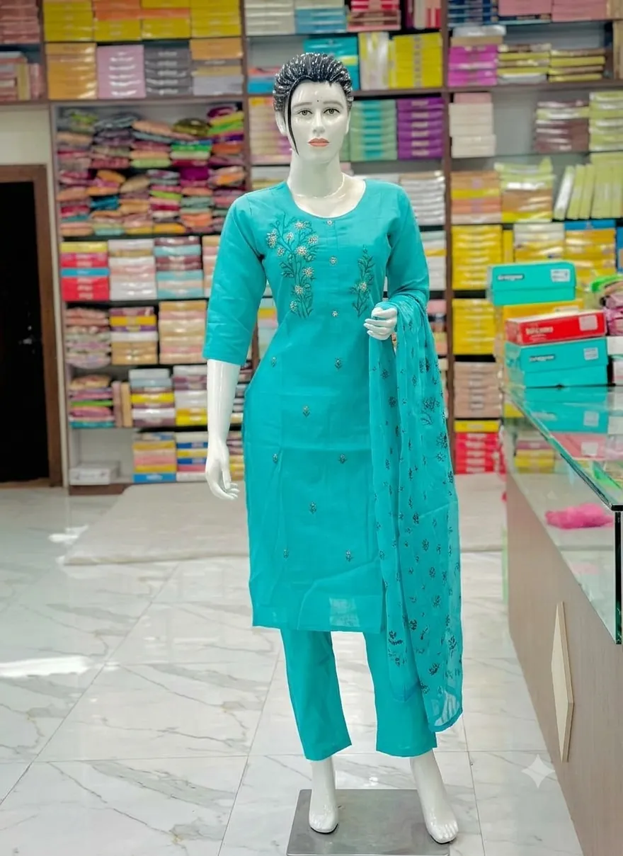 Teal kurti set with hand embroidery and a printed dupatta on a mannequin