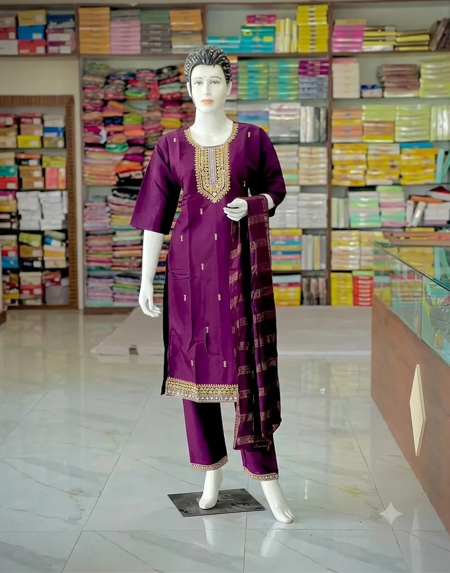 Wine kurti set with a gold embroidered neckline and border and a striped dupatta