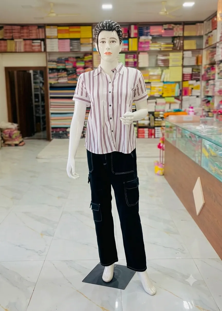 White striped half-sleeve shirt with black cargo pants on a mannequin