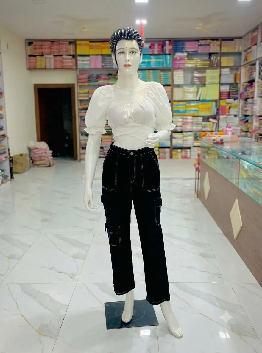 White puff-sleeve crop top with black cargo pants on a mannequin
