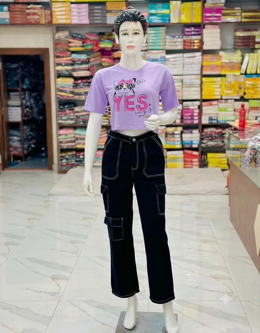 Lilac crop tee printed with YES and a cat, with black cargo pants on a mannequin